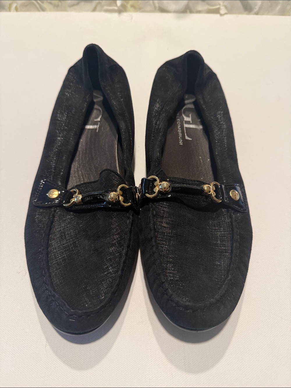 Attilio Giusti Leombruni Black Loafer Flats with Gold Hardware